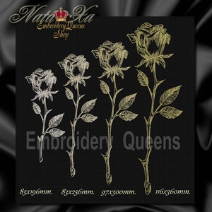 May include: Four embroidered rose designs in different sizes, with the text "Embroidery Queens" and "83x196mm. 83x256mm. 97x300mm. 116x360mm."