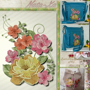 Japanese Roses Bouquet Composition Machine Embroidery Design Bright Summer #3. 3 Sizes Flowers Vines Leaves Roses Wild Flowers Realistic