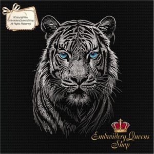 May include: White tiger embroidery design with blue eyes. The design is outlined in white thread on a black background. The text "Embroidery Queens Shop" is at the bottom of the image.