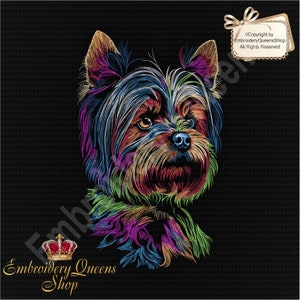 May include: Colorful embroidery design of a Yorkshire Terrier dog with a black background. The dog's fur is a mix of blue, green, purple, red, and yellow.