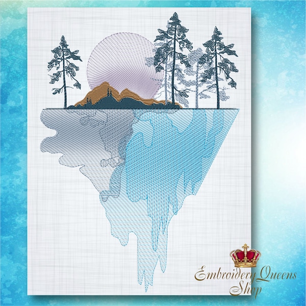 Blue Lake Machine Embroidery Designs instant download  in 6 sizes Blue Moon Nature Lake Mountain Hill Trees Light Design Clothes T-shirts