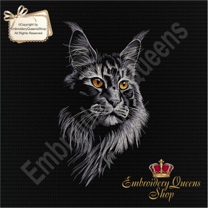 May include: White embroidered image of a Maine Coon cat with yellow eyes on a black background. The image is surrounded by the text "Embroidery Queens Shop" in white and gold.