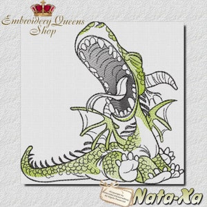 May include: Green cartoon dragon with a large open mouth, sitting on its haunches with its wings spread out. The dragon has a scaly body and a long tail. The image is a digital embroidery design.