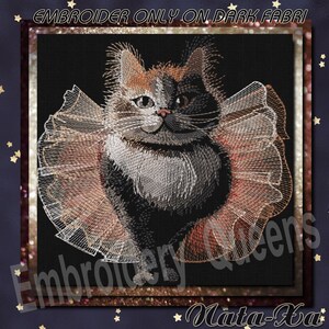 May include: Embroidered design of a calico cat wearing a pink tutu. The design is on a black background and says "Embroidery Queens" and "Mata-Ka" at the bottom.