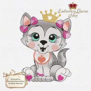 May include: Embroidered design of a cute cartoon wolf wearing a gold crown with a pink heart, a pink bow, and a necklace with a pink heart. The wolf is sitting down with its paws crossed.