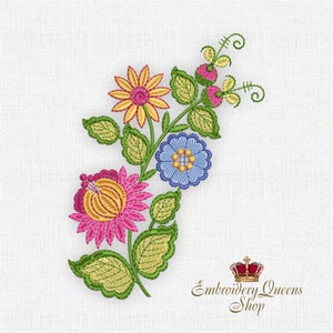 May include: Embroidered floral design featuring yellow, pink, blue, and green flowers on a white fabric background. The design includes a crown and the text "Embroidery Queens Shop".
