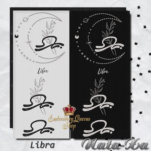 Op de afbeelding: Twee afbeeldingen van een zwart-wit ontwerp van het sterrenbeeld Weegschaal met een halve maan en een tak met bladeren. De tekst "Weegschaal" staat onder het ontwerp. De tekst "Embroidery Queens Shop" staat in de rechterbenedenhoek van de afbeelding.