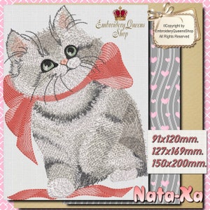 Lindo gato máquina bordado diseño cinta rosa gatito 3 tamaños para descargar ajuste 5x7 &quot;(130x180mm) aro y más grande bebé gato almohada esponjosa regalo