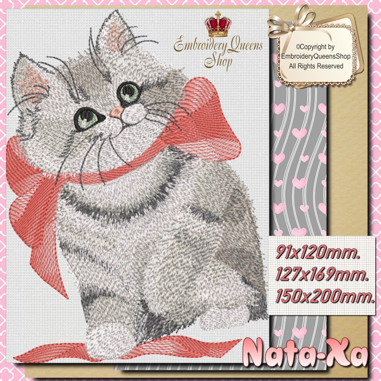 Cute Cat Machine Embroidery Design Pink Ribbon Kitten 3 Sizes to ...