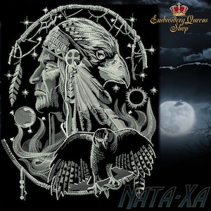 May include: Black and white embroidery design featuring a Native American man with a headdress, an eagle, and a raven. The design is surrounded by a dreamcatcher and stars. The text "NATA-XA" is at the bottom of the design.