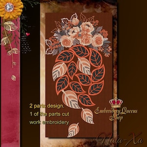 May include: Embroidered design featuring a bouquet of orange and brown flowers with leaves. The design is in two parts, one of which is cut work embroidery. The text "Embroidery Queens Shop" and "Hata-Xa" is also visible.