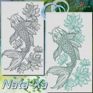 Koi Fish with Water Lilies Machine Embroidery Design Arowana 2 sizes one and two color embroidery Yin Yang Beautiful Realistic