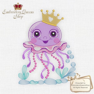 May include: Embroidered design of a purple jellyfish wearing a gold crown with a heart on top. The jellyfish has pink and purple tentacles and is surrounded by blue bubbles and green seaweed.