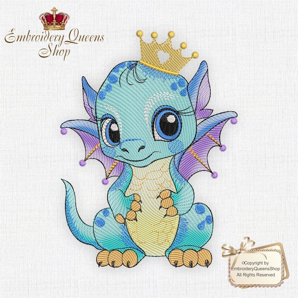 Baby Dragon Machine Embroidery Design 3 Sizes to Download Fit 5x7"(130x180mm) Dragon Babies Series Crown Cute Dinosaur Baby Quilt Bib Pillow