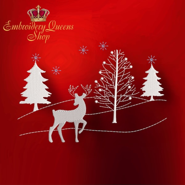 Winter scape Christmas and New Year Embroidery Machine Design Tree Reindeer 3 sizes for small hoops Table runner napkins pillows decoration