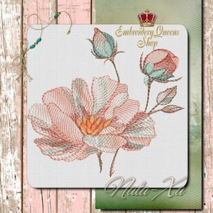 May include: Embroidered design of a pink and green flower with two buds. The design is on a white background and includes the text "Embroidery Queens Shop" and "Nata-Xa".