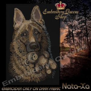 May include: Embroidered design of a German Shepherd dog holding a teddy bear. The dog is brown and black with a light brown nose. The design is on a black background. The text "Embroidery Queens Shop" and "Embroider only on dark fabric" is visible at the bottom of the design.