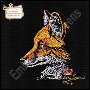 Peut inclure: Broderie représentant la tête d'un renard de profil, avec un schéma de couleurs jaune, orange et blanc. L'œil du renard est visible, et le motif est sur un fond noir. Le texte "Embroidery Queens Shop" est visible dans le coin inférieur droit.