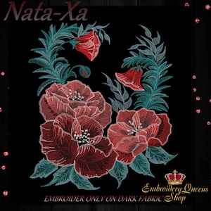 May include: Embroidered design of red poppies and green leaves on a black background. The text "Nata-Xa" and "Embroider Only On Dark Fabric Shop" is visible at the top and bottom of the image.