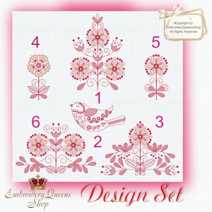 May include: A set of six embroidery designs featuring a bird, flowers, and leaves. The designs are numbered 1 through 6. The designs are in pink and white.
