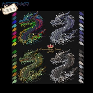 May include: Four embroidered designs of a dragon with a crown and the text "Embroidery Queens Shop". The dragon is in different colors, including green, blue, and silver. The designs are on a black background.