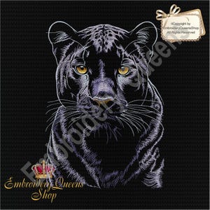 May include: Black panther with a crown, embroidered on a black background. The panther has white fur and yellow eyes. The crown is gold with red jewels. The text "Embroidery Queens Shop" is at the bottom of the image.