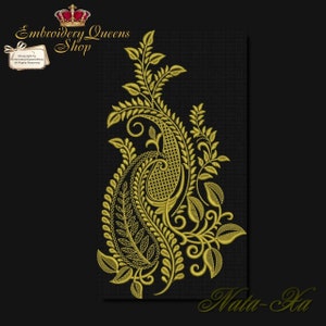 May include: Gold paisley embroidery design with intricate details and floral elements. The design is on a black background and includes the text "Mata-Ha".