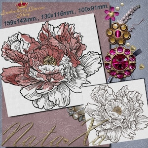 May include: Embroidery design of a pink and white peony flower. The design is available in three sizes: 159x142mm, 130x116mm, and 100x91mm.
