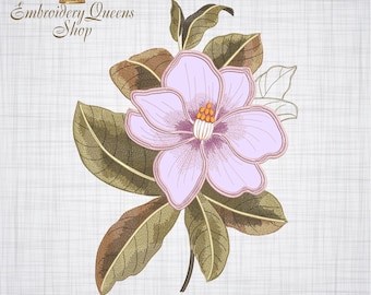 May include: Embroidered design of a pink magnolia flower with green leaves. The design is perfect for embroidery projects and home decor.