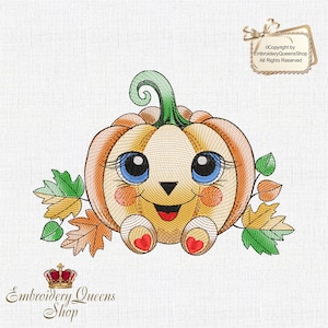 May include: Embroidered design of a smiling pumpkin with big blue eyes and red hearts on its feet. The pumpkin is surrounded by green and orange leaves. The text "Embroidery Queens Shop" is at the bottom of the image. Copyright by EmbroideryQueensShop All Rights Reserved is in a small box at the top right of the image.
