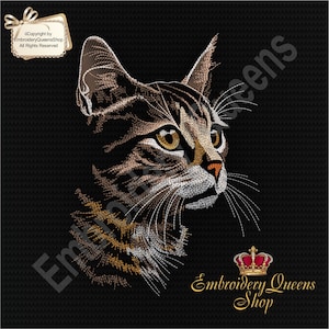 May include: Embroidered design of a tabby cat's head with a crown and the text "Embroidery Queens Shop".