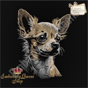 May include: A close-up of a white and gold embroidered chihuahua with large ears and brown eyes. The image is on a black background.