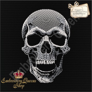 May include: A detailed white skull illustration on a black background. The skull features intricate line work, with visible teeth and eye sockets. The image includes the text "Embroidery Queens Shop" and a copyright notice.
