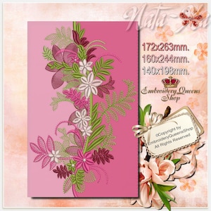 Może przedstawiać: Haftowany wzór kwiatowy z różowymi, białymi i zielonymi kwiatami na różowym tle. Wzór ma 172x263mm, 160x244mm i 140x198mm. Copyright by Embroidery Queens Shop. Wszelkie prawa zastrzeżone.