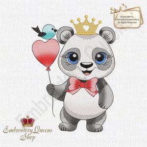 Peut inclure: Un adorable panda en dessin animé portant une couronne dorée et un nœud papillon rouge tient un ballon rouge en forme de cœur. Un oiseau bleu est perché sur le ballon.