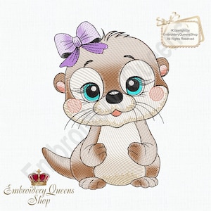 Könnte beinhalten: Stickdatei eines niedlichen Cartoon-Otters mit einer lila Schleife, blauen Augen und einer rosa Nase. Der Otter sitzt mit seinen Pfoten vor sich. Das Design ist perfekt für Stickprojekte.