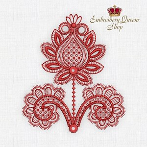 May include: Red embroidered floral design with a paisley-shaped center and two smaller floral designs on either side. The design is on a white background.