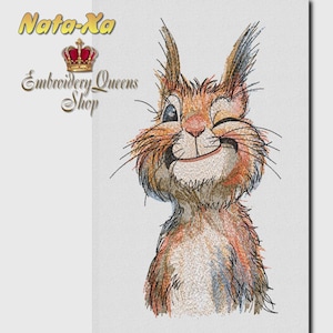 May include: Embroidered design of a winking squirrel with a cheerful expression. The squirrel is rendered in shades of brown, orange, and cream, with long whiskers and a detailed texture. The text "Nata-Xa" and "Embroidery Queens Shop" are in the upper left corner.