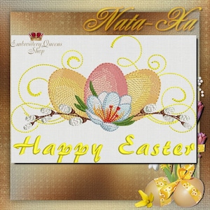 May include: Embroidered design featuring three pastel Easter eggs, a yellow flower, and a branch with white blossoms. The text "Happy Easter" is embroidered in yellow below the eggs.