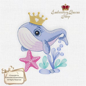May include: Embroidered design of a blue whale wearing a gold crown, with pink starfish and green seaweed. The design includes the text "Embroidery Queens Shop".