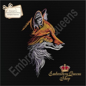 May include: Embroidered design of a red fox with white fur on a black background. The fox is looking to the right and has a white muzzle. The design is titled "Embroidery Queens Shop".