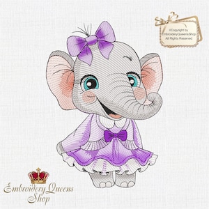 May include: Embroidered design of a cute gray elephant wearing a purple dress with a bow and a pink bow in her hair. The design is perfect for a baby girl's nursery or a child's room.