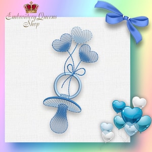 May include: Blue embroidered pacifier with three blue heart-shaped balloons attached. The pacifier is on a white background with a blue bow. The image also includes a blue bow in the top right corner and a group of blue and white heart-shaped balloons in the bottom right corner.