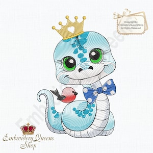 以下が含まれることがあります： 王冠、蝶ネクタイ、赤い鳥をつけた青いヘビ。ヘビは大きな目をしていて、友好的な表情をしています。ヘビは白い背景に座っています。