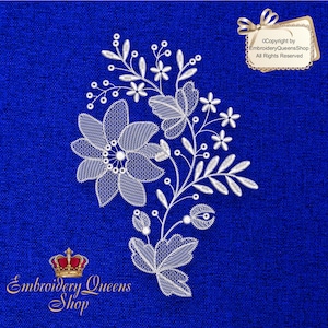 May include: White lace embroidery design of a floral bouquet with leaves and flowers on a blue background. The design is perfect for embroidery projects, such as clothing, home decor, and accessories. Copyright by EmbroideryQueensShop All Rights Reserved.