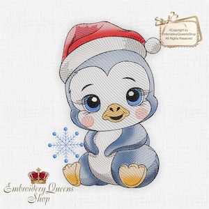 May include: A cute cartoon penguin wearing a red Santa hat and holding a blue snowflake. The penguin is sitting on a white background. Copyright by EmbroideryQueensShop. All Rights Reserved.