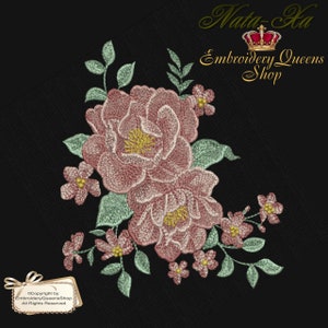 May include: Embroidered design featuring a bouquet of pink and yellow flowers with green leaves on a black background. The design includes the text "Embroidery Queens Shop".