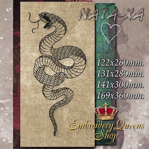May include: Black and white line art embroidery design of a snake coiled in a circle. The design is on a beige burlap background. The text "NATA-XA" is in the upper right corner of the image. The text "Embroidery Queens Shop" is in the lower right corner of the image. The image also includes the text "122x260mm, 131x280mm, 141x300mm, 169x360mm".
