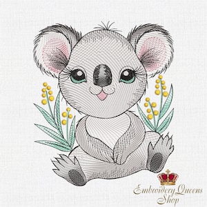 Baby Koala Bear with Golden Mimosa Acacia Flower Machine Embroidery Designs instant download  in 3 sizes for small hoop kids Australia cute