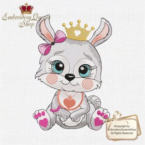 May include: A grey bunny wearing a gold crown with a pink bow and a pink heart necklace. The bunny has blue eyes and pink paws. The bunny is sitting down with its paws crossed.